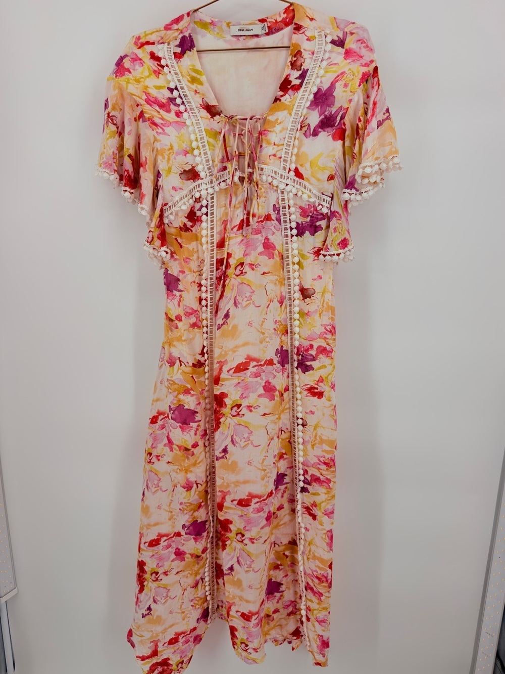 Dina Agam Floral Boho Midi Dress Pom Pom Trim Tie Neck XS